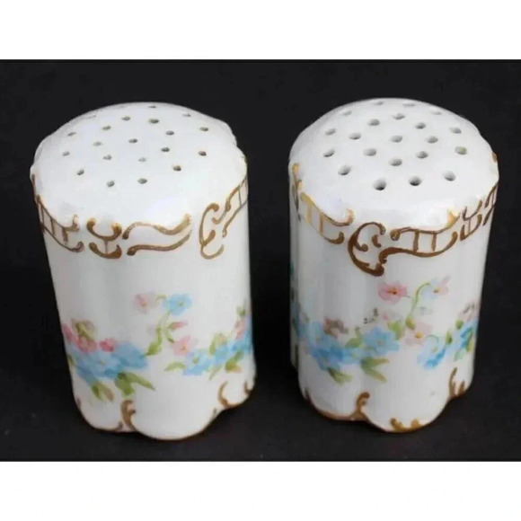 Antique Vtg Victorian Ornate Flowers W/ Gold Trim Salt N Pepper Shakers Stamped - Picture 3 of 4